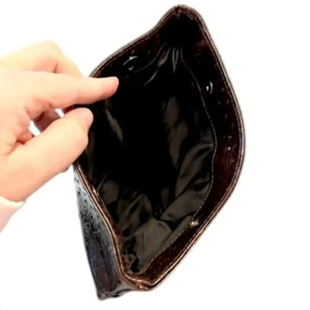 Nordstrom Brown Ostrich Embossed Faux Leather Foldover Clutch Bag Handbag EUC